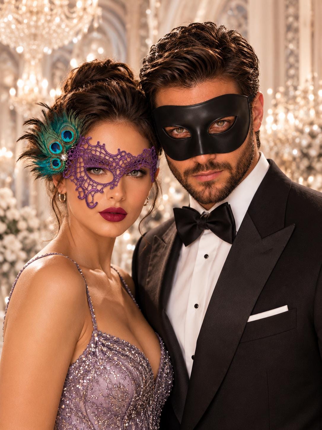 Black & Purple Masquerade Masks for Couples | Classic Venetian Men&