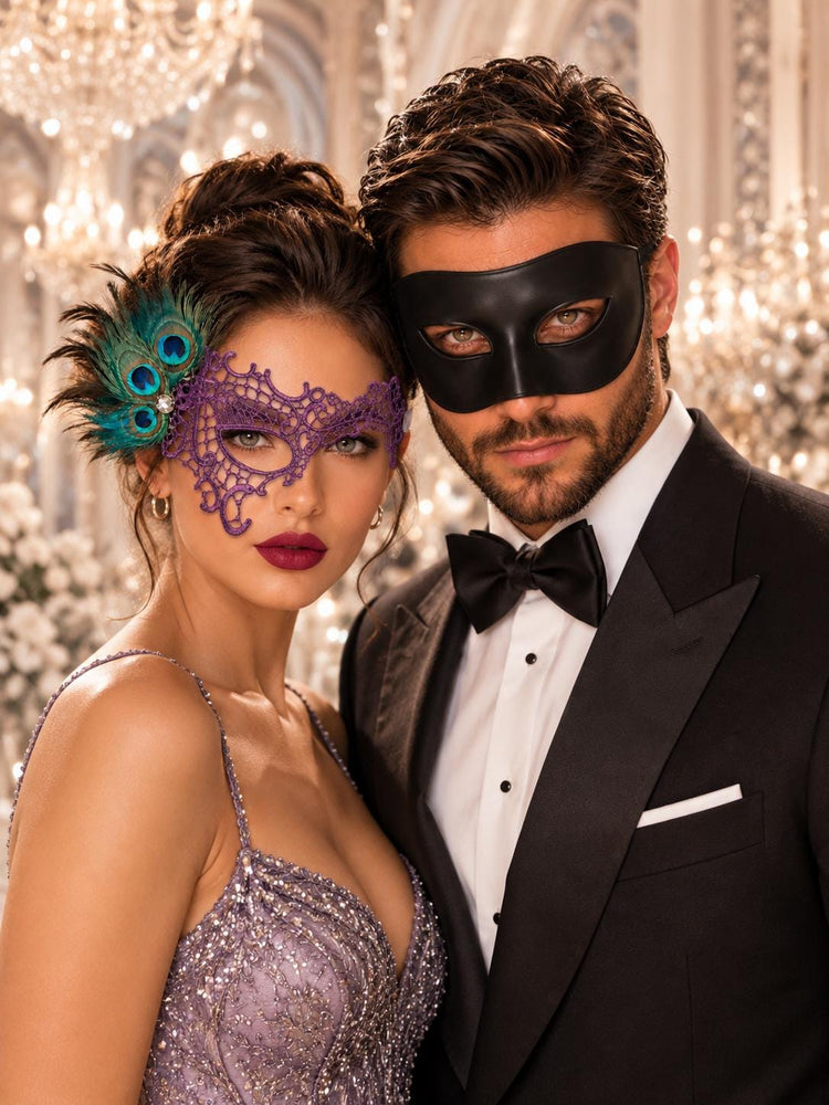 Black & Purple Masquerade Masks for Couples | Classic Venetian Men&