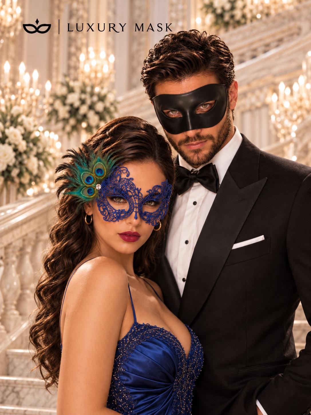 Black Classic Venetian Mask for Him & Blue Swan Peacock Feather Lace Mask for Her | Couples Masquerade Set - product image 2