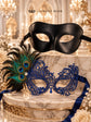 Black Classic Venetian Mask for Him & Blue Swan Peacock Feather Lace Mask for Her | Couples Masquerade Set - product image 6