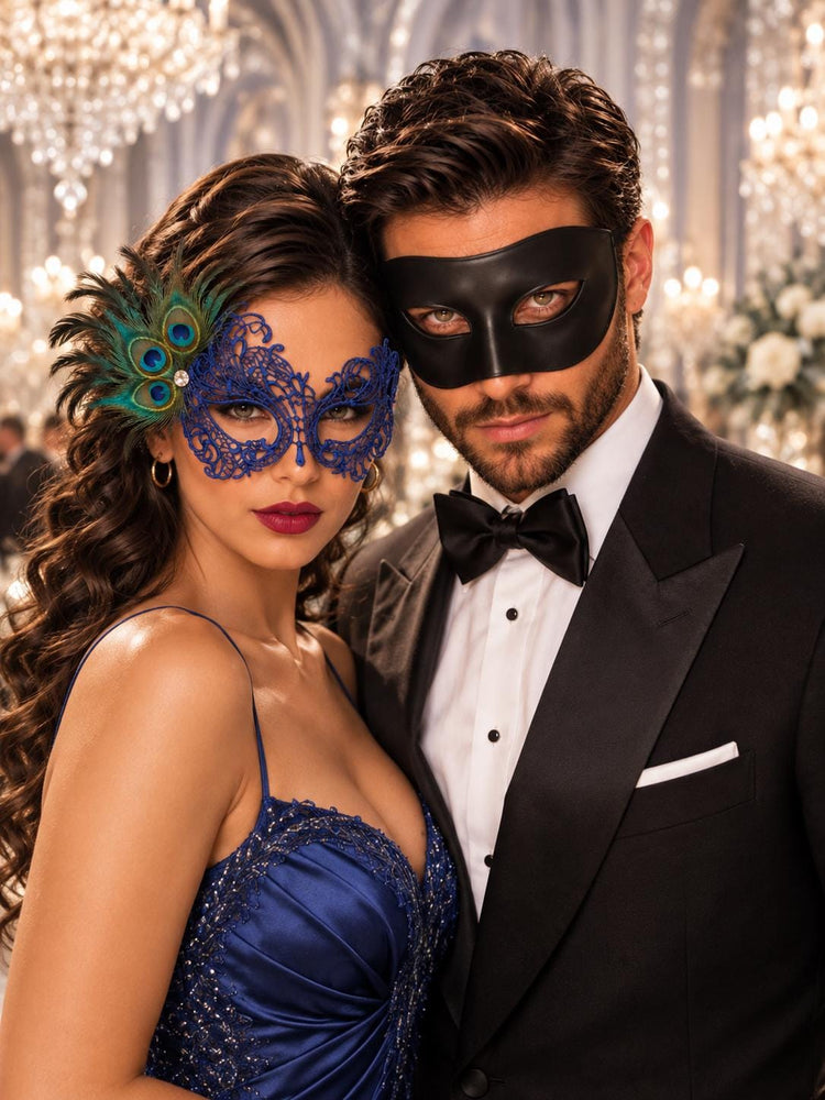 Black Classic Venetian Mask for Him & Blue Swan Peacock Feather Lace Mask for Her | Couples Masquerade Set - product image 1