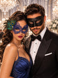 Black Classic Venetian Mask for Him & Blue Swan Peacock Feather Lace Mask for Her | Couples Masquerade Set - product image 1