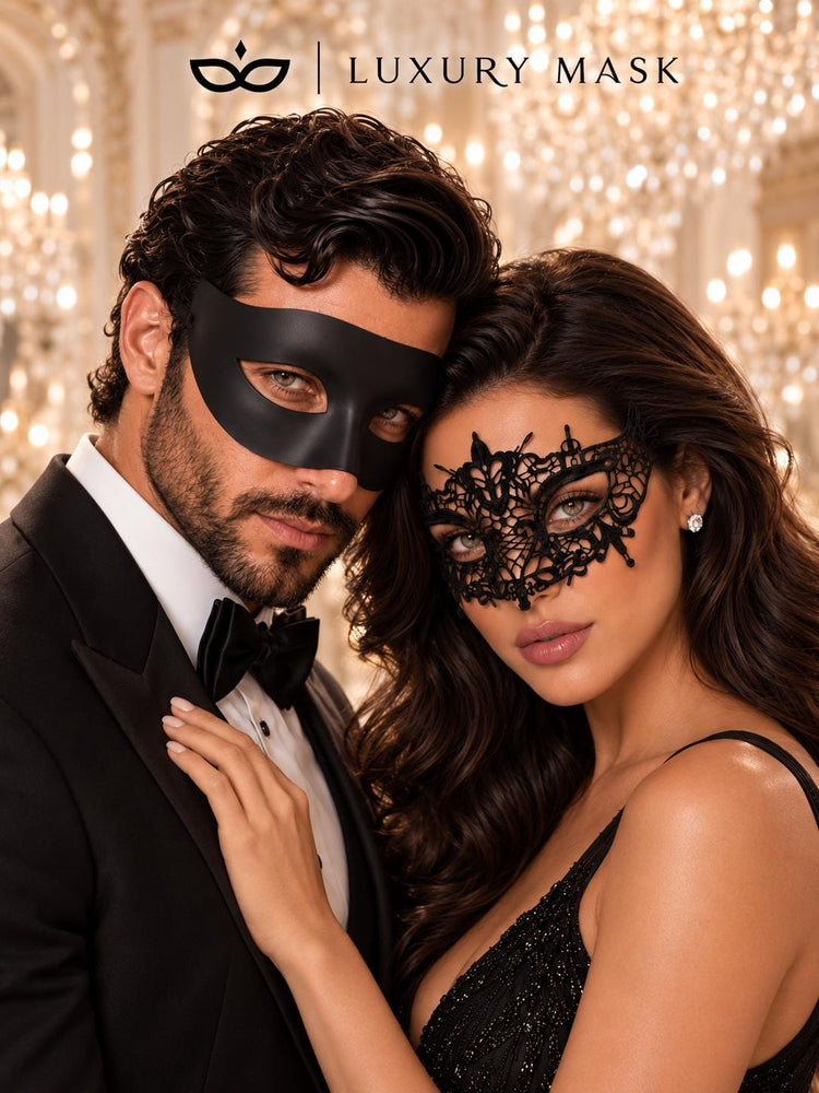 Black Classic Venetian Mask for Men & Elegant Black Lace Mask for Women | His and Hers Masquerade Set - product image 3