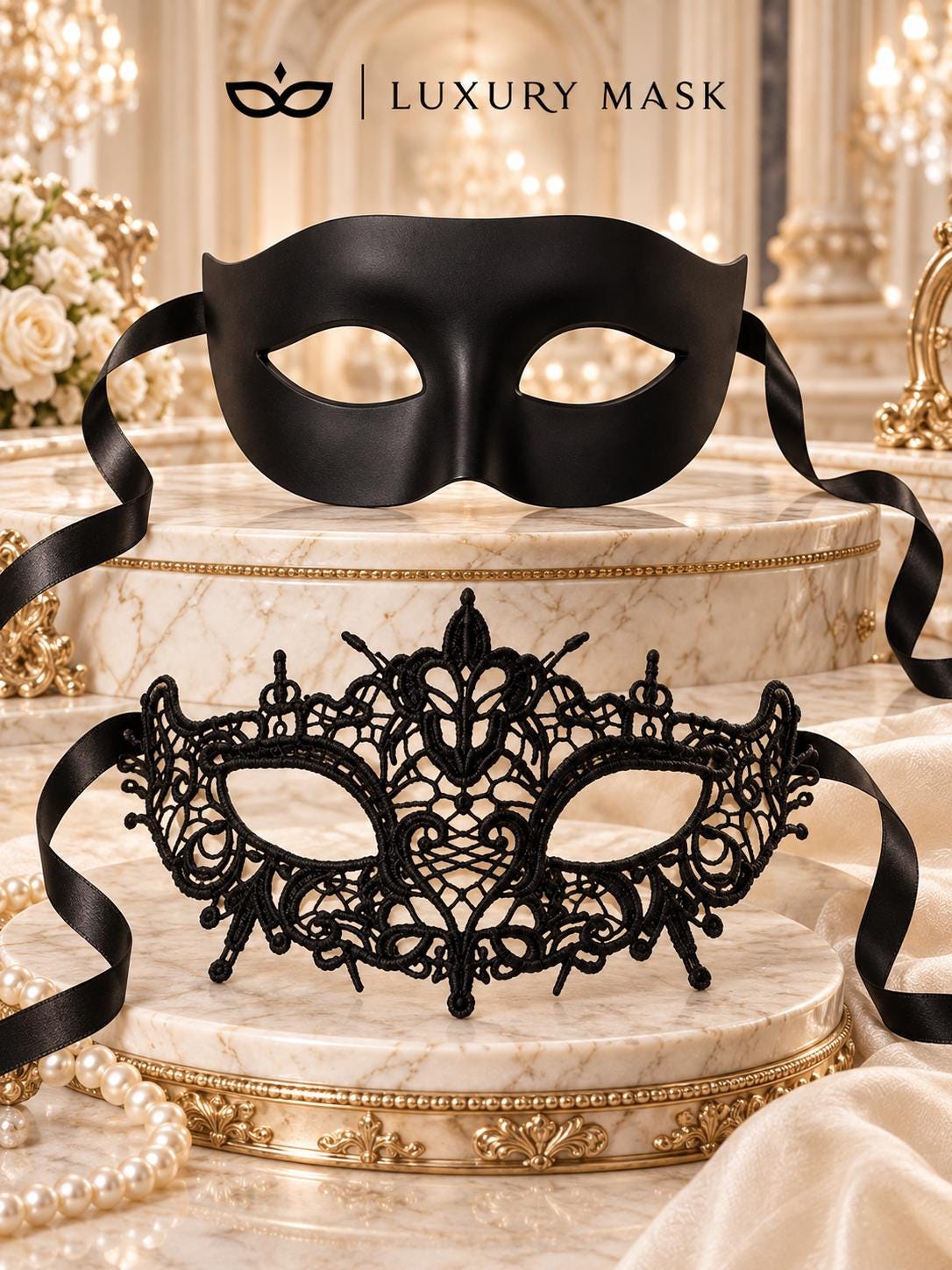 Black Classic Venetian Mask for Men & Elegant Black Lace Mask for Women | His and Hers Masquerade Set - product image 6