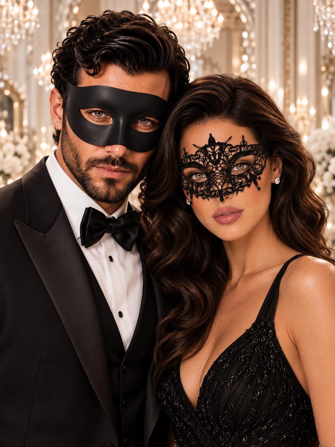 Black Classic Venetian Mask for Men & Elegant Black Lace Mask for Women | His and Hers Masquerade Set - product image 1