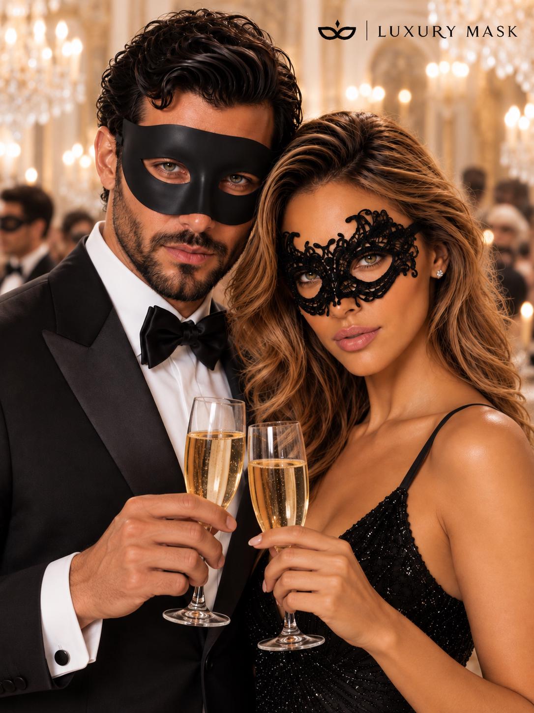 Black Classic Venetian Mask for Men & Black Lace Mask for Women | Elegant His and Hers Masquerade Set - product image 5