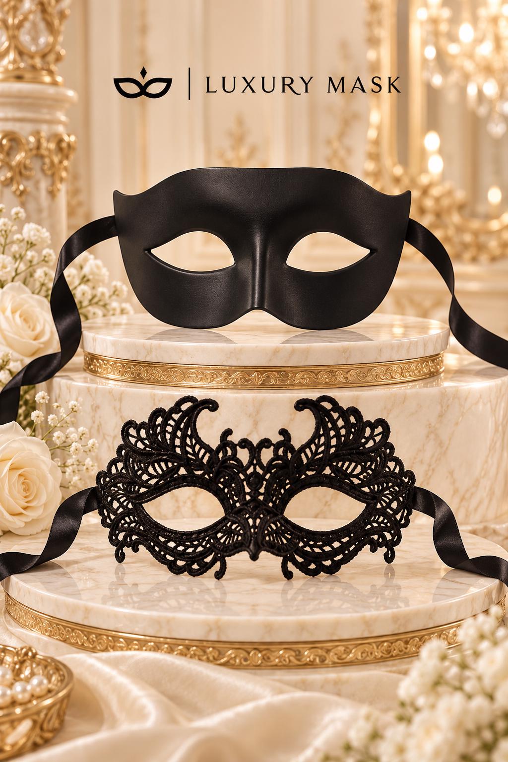 Black Classic Venetian Mask for Men & Black Lace Mask for Women | Elegant His and Hers Masquerade Set - product image 6