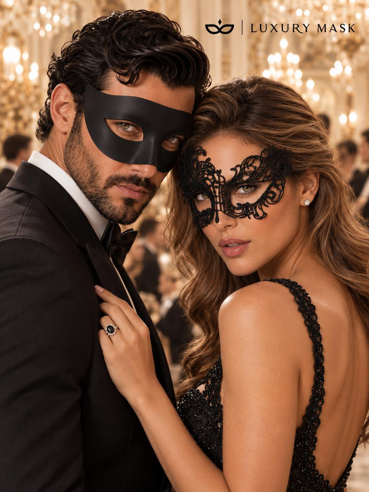 Black Swan Lace Mask for Women with Classic Black Venetian Mask for Men | Elegant Couples Masquerade Set - product image 4