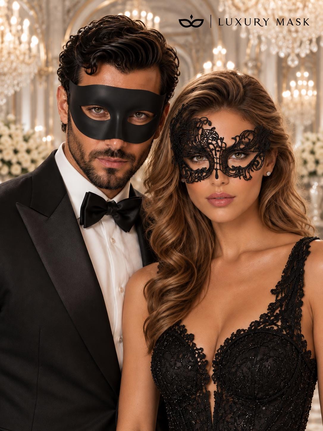 Black Swan Lace Mask for Women with Classic Black Venetian Mask for Men | Elegant Couples Masquerade Set - product image 5