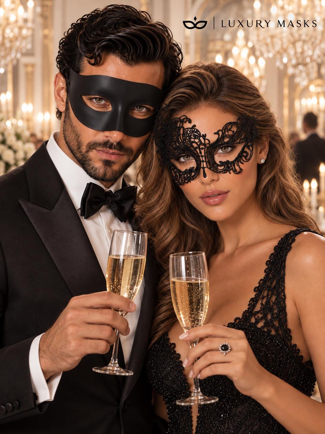 Black Swan Lace Mask for Women with Classic Black Venetian Mask for Men | Elegant Couples Masquerade Set - product image 3
