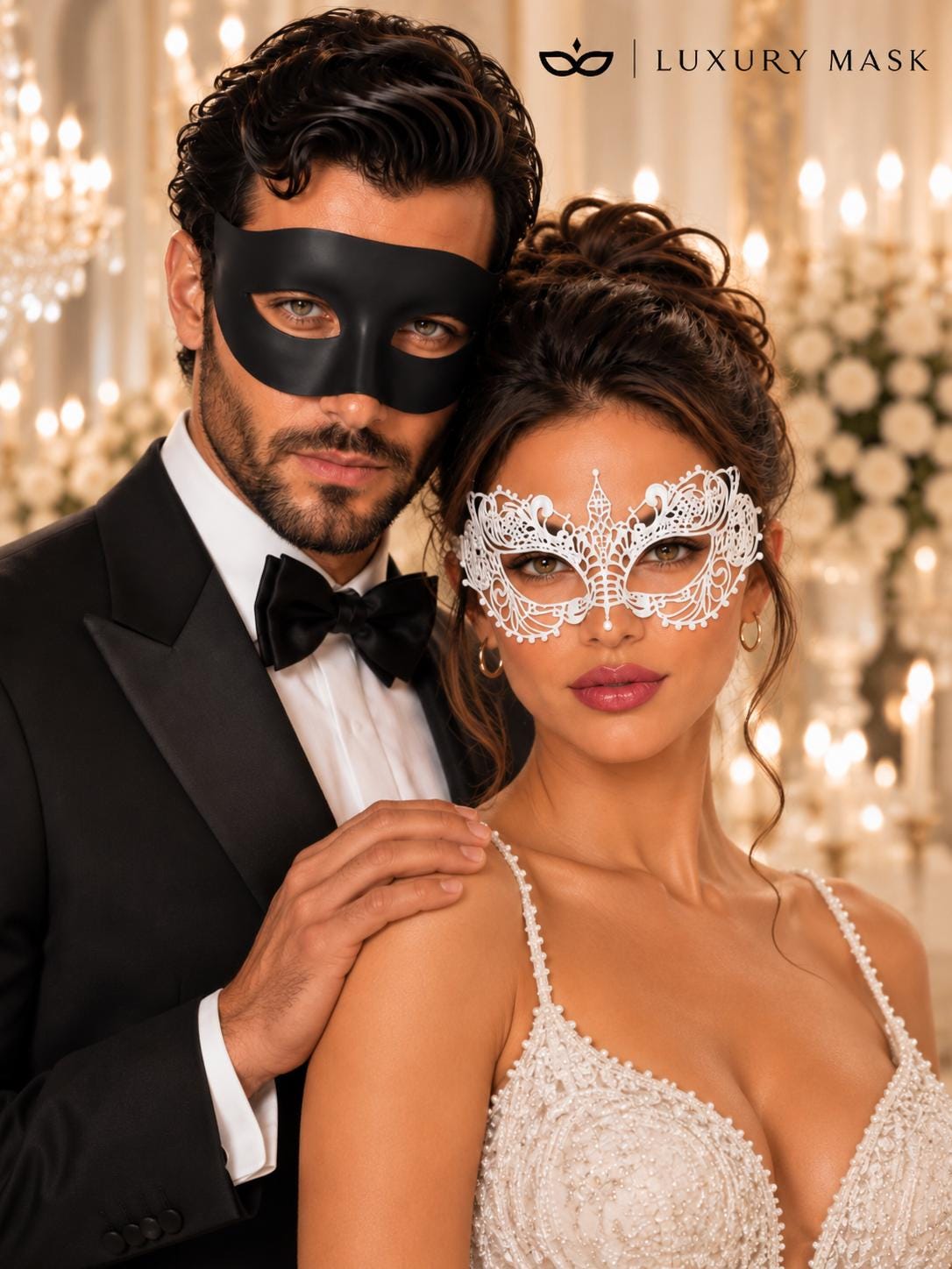 Black & White Masquerade Pair | Classic Venetian Mask for Men with Elegant White Lace Mask for Women - product image 2
