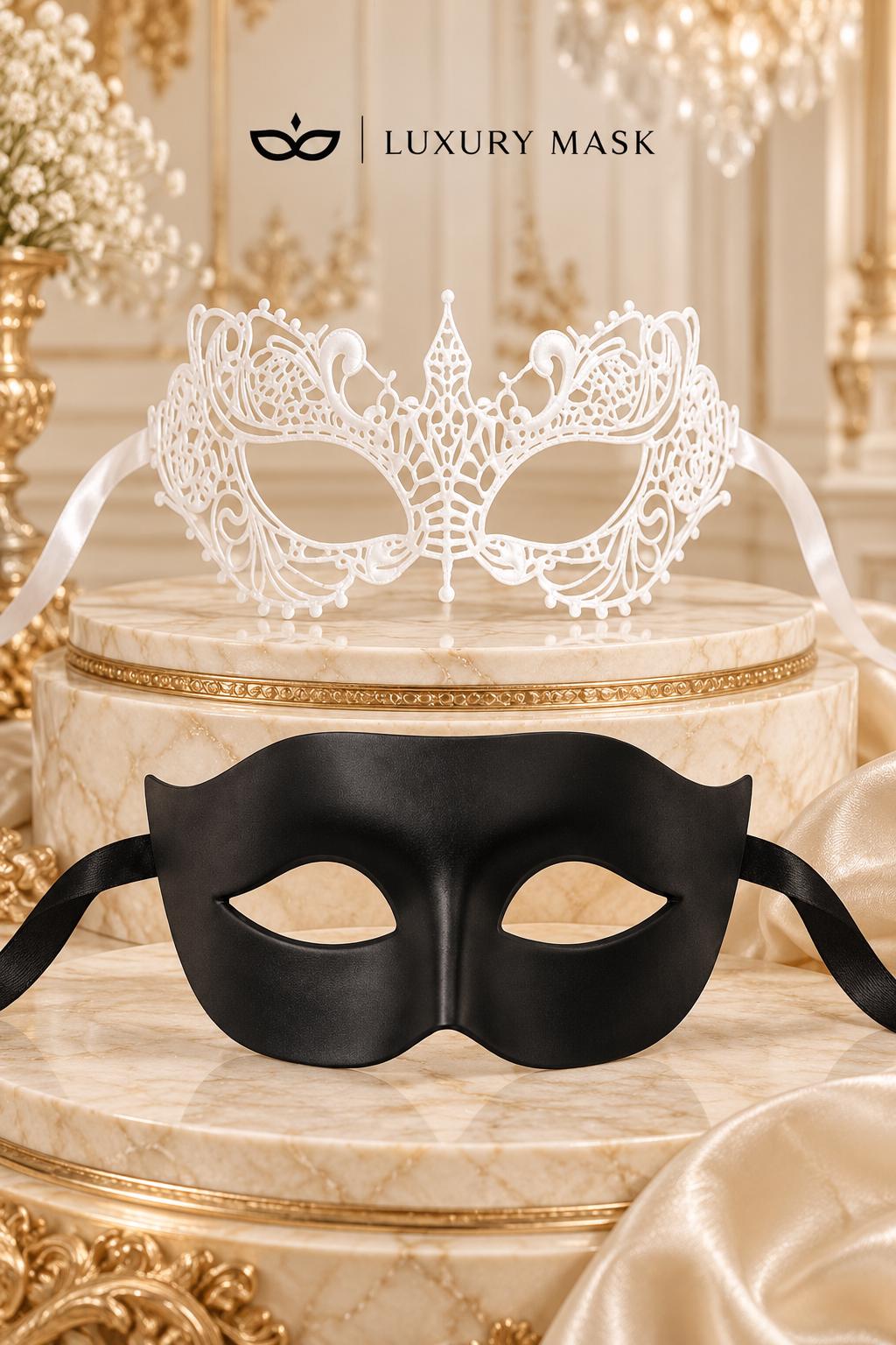 Black & White Masquerade Pair | Classic Venetian Mask for Men with Elegant White Lace Mask for Women - product image 6