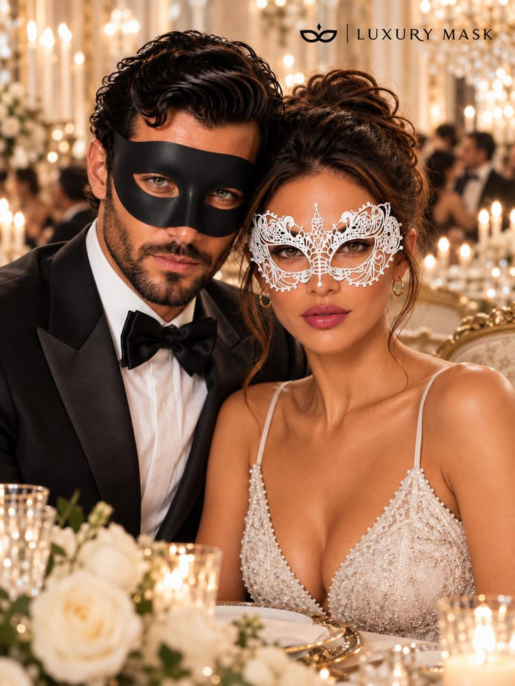 Black & White Masquerade Pair | Classic Venetian Mask for Men with Elegant White Lace Mask for Women - product image 5