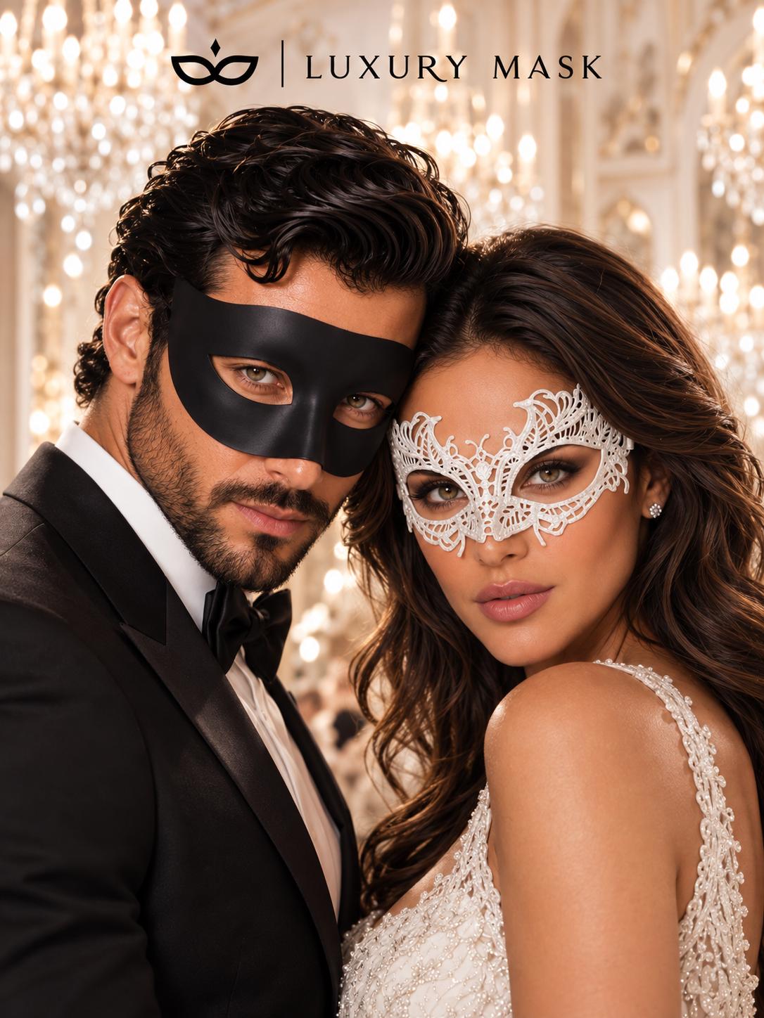 Black & White Venetian Masquerade Masks | Classic Black Mask for Men with White Lace Mask for Women - product image 2