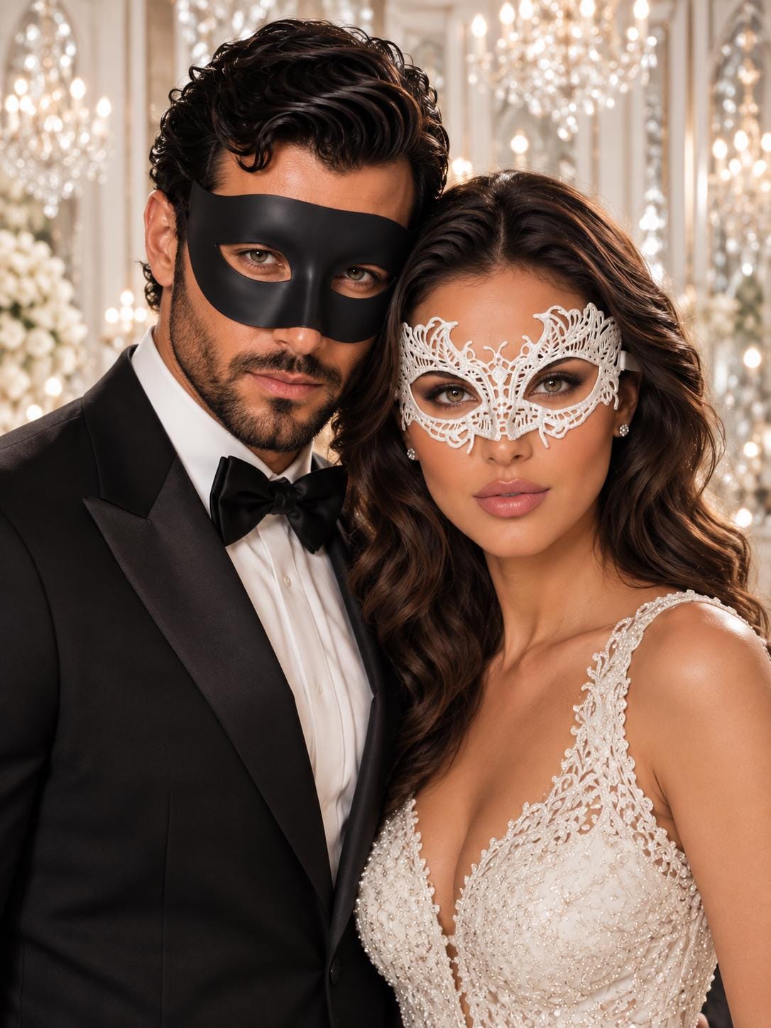 Black & White Venetian Masquerade Masks | Classic Black Mask for Men with White Lace Mask for Women - product image 1