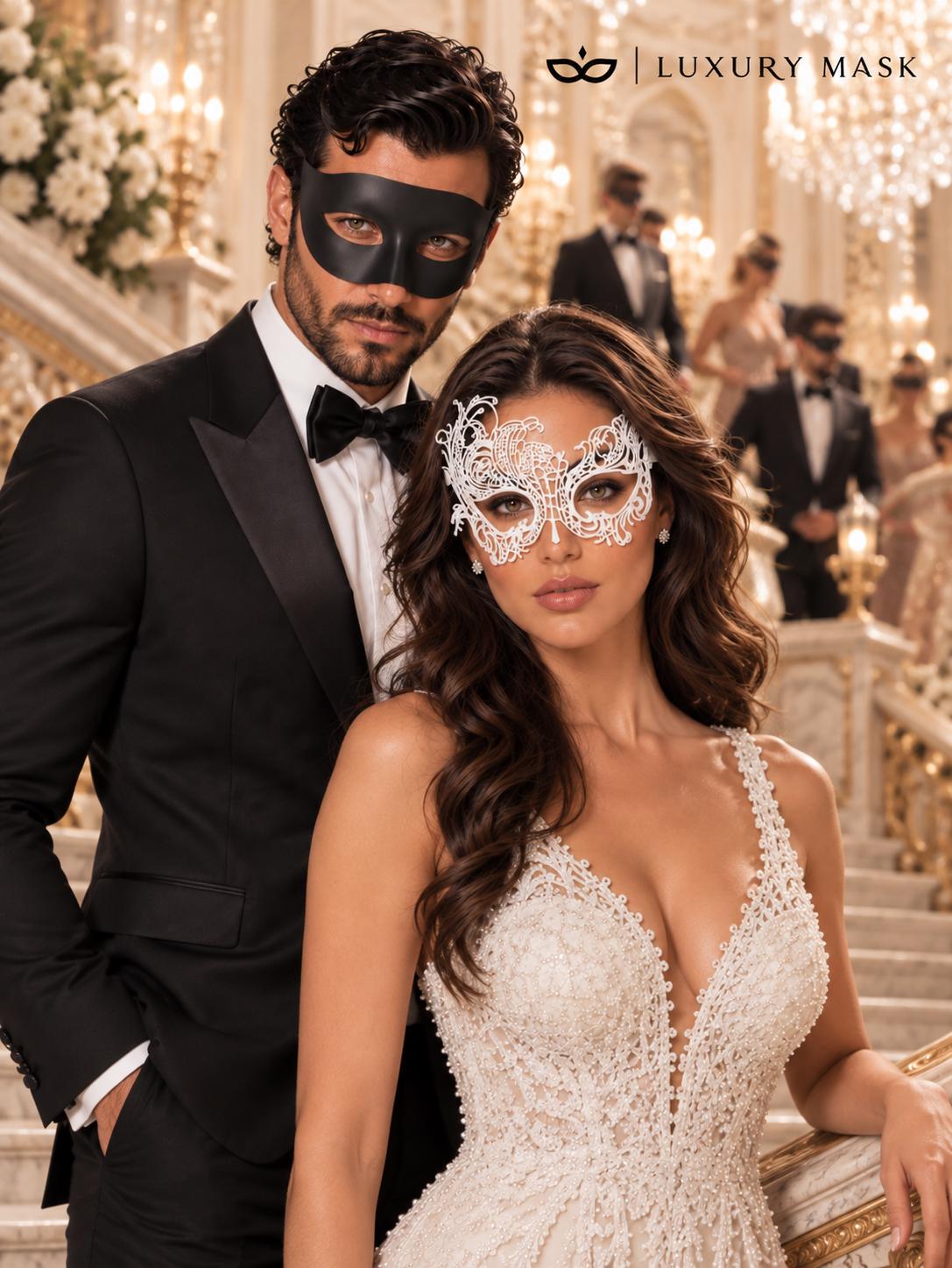 Black Classic Venetian Mask for Men with White Swan Lace Mask for Women | Black & White Couples Masquerade Set - product image 3