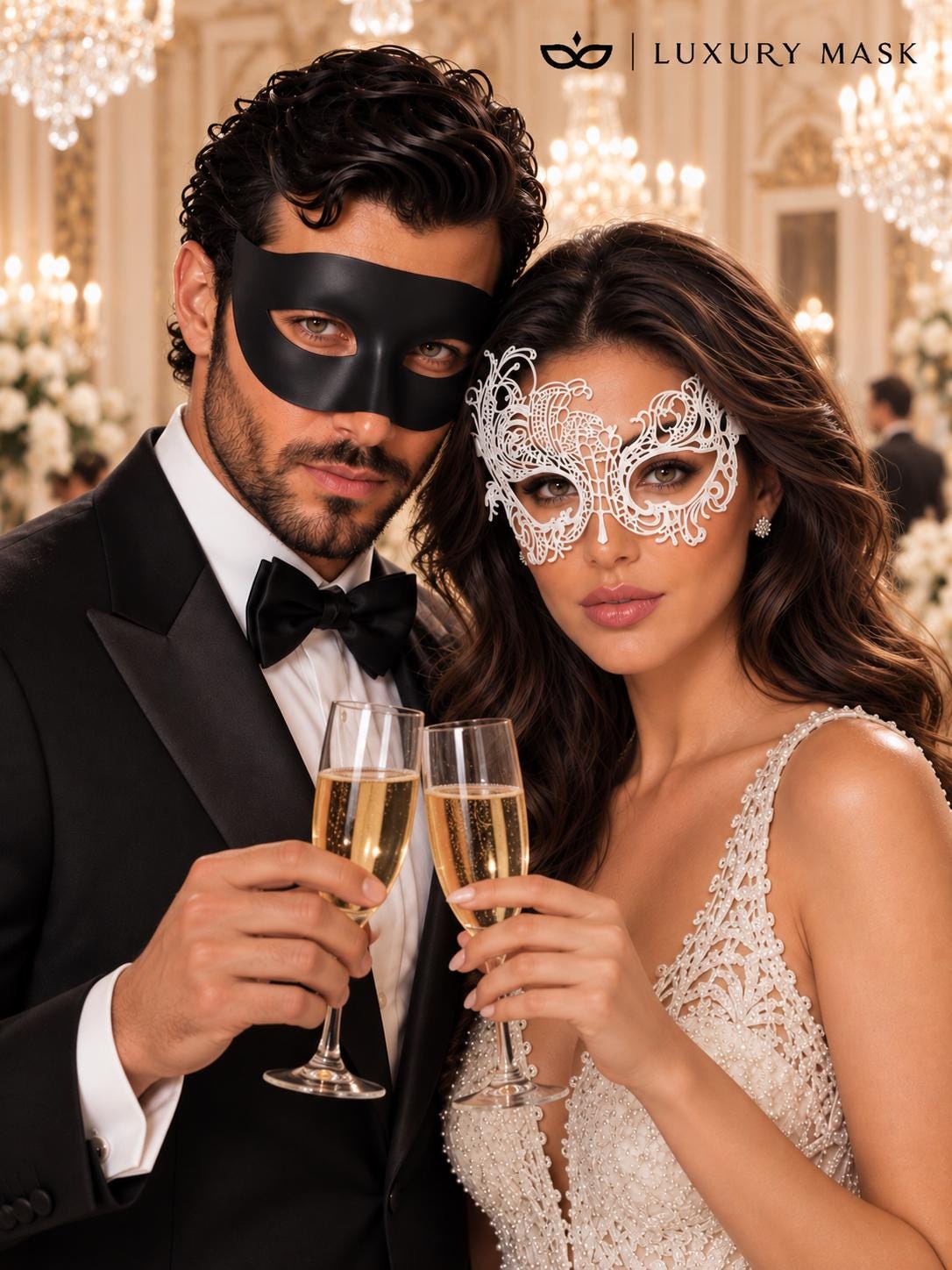 Black Classic Venetian Mask for Men with White Swan Lace Mask for Women | Black & White Couples Masquerade Set - product image 5