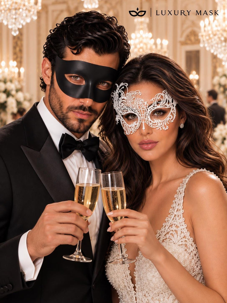 Black Classic Venetian Mask for Men with White Swan Lace Mask for Women | Black & White Couples Masquerade Set - product image 5