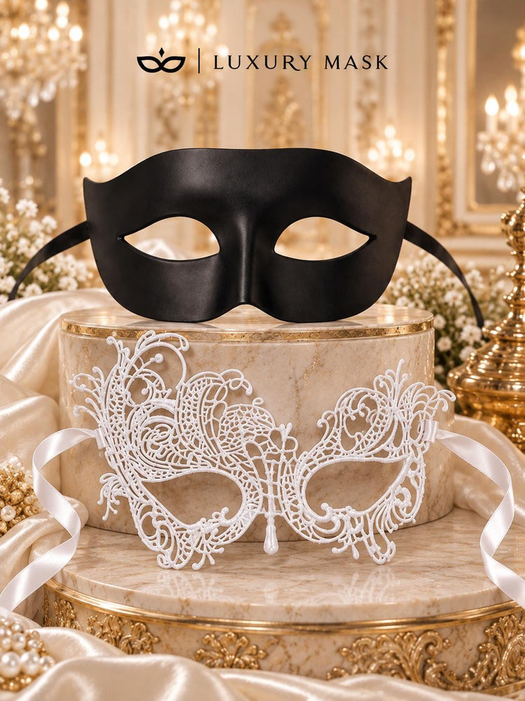 Black Classic Venetian Mask for Men with White Swan Lace Mask for Women | Black & White Couples Masquerade Set - product image 6