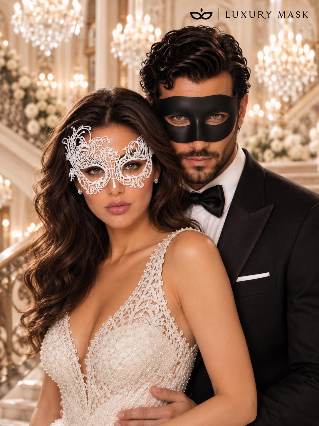 Black Classic Venetian Mask for Men with White Swan Lace Mask for Women | Black & White Couples Masquerade Set - product image 4