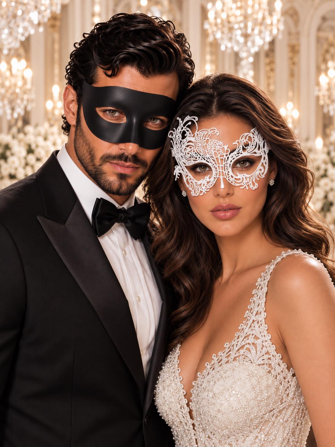 Black Classic Venetian Mask for Men with White Swan Lace Mask for Women | Black & White Couples Masquerade Set - product image 1