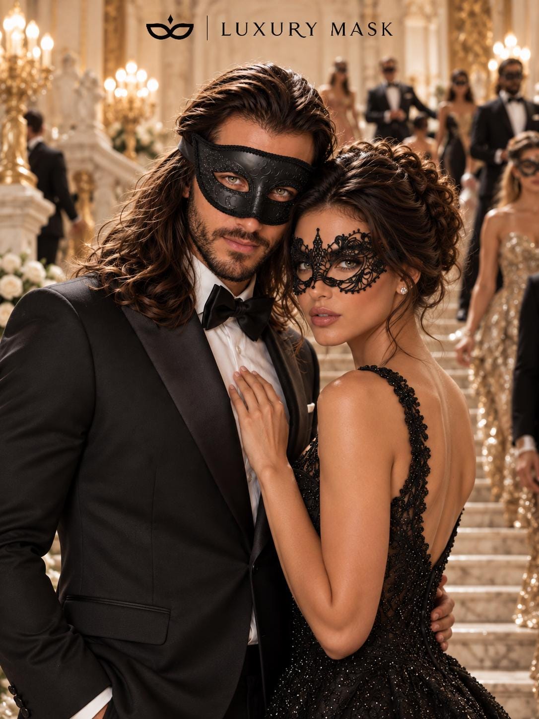 Black Glitter Venetian Mask for Men & Black Lace Mask for Women | His and Hers Masquerade Mask Set - product image 5