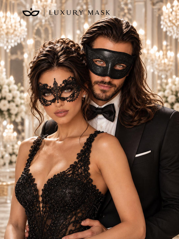 Black Glitter Venetian Mask for Men & Black Lace Mask for Women | His and Hers Masquerade Mask Set - product image 4