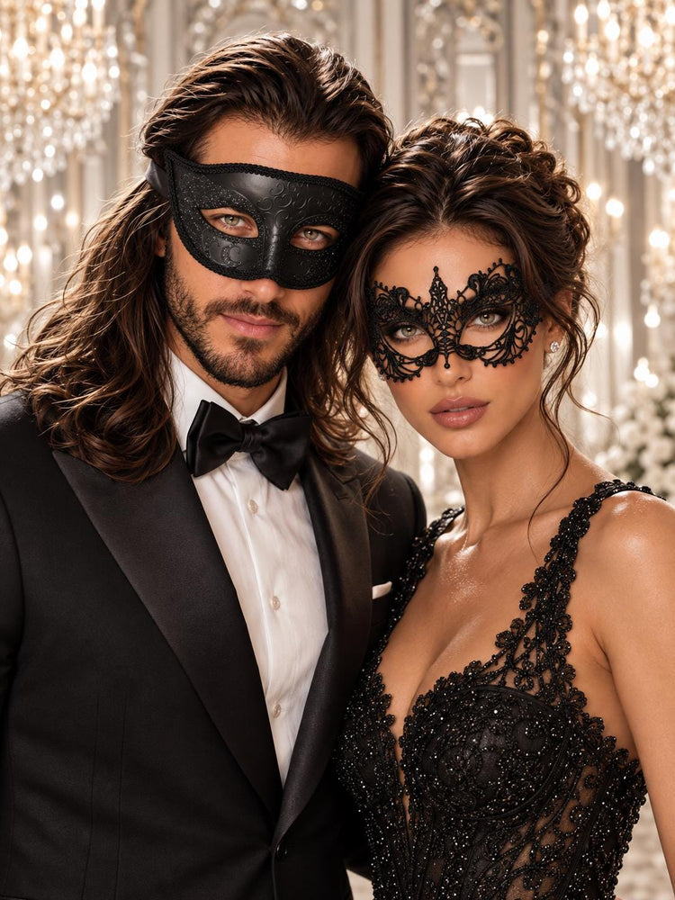 Black Glitter Venetian Mask for Men & Black Lace Mask for Women | His and Hers Masquerade Mask Set - product image 1