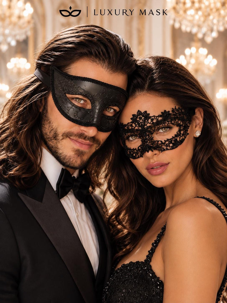 Black Glitter Venetian Mask for Men with Black Flower Lace Mask for Women | Couples Masquerade Mask Set - product image 2