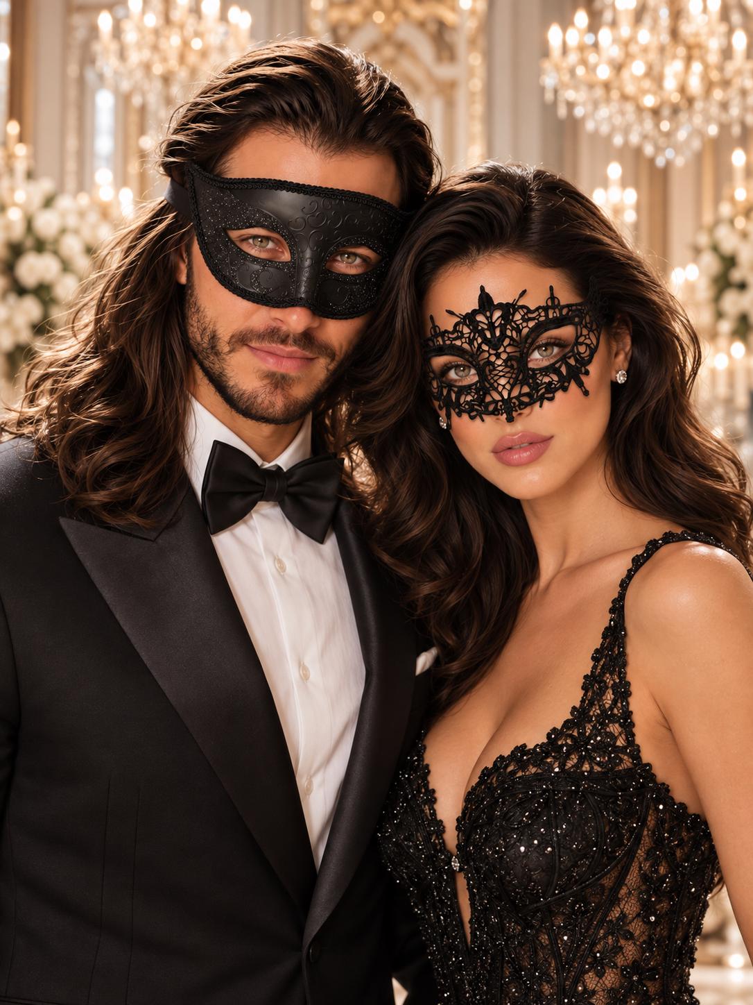 Black Venetian Glitter Mask for Men & Black Lace Mask for Women | Elegant Couples Masquerade Masks - product image 1