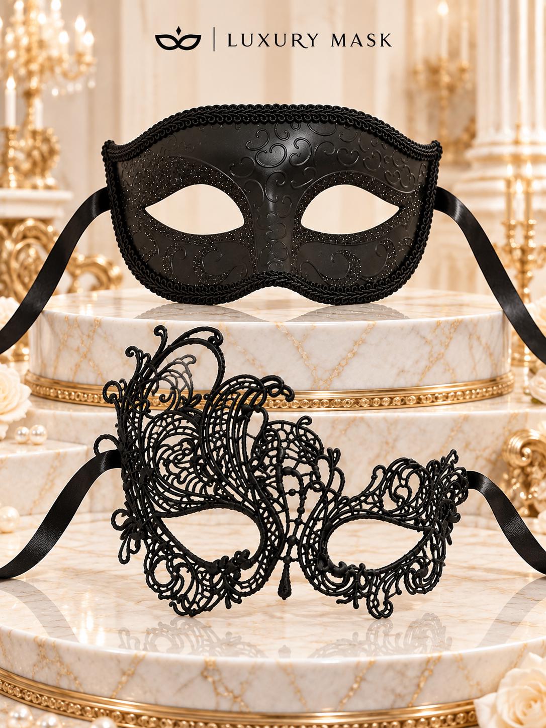 Black Swan Lace & Glitter Venetian Masks for Couples | Men&