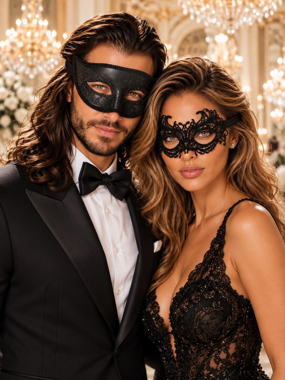 Black Glitter Venetian Mask for Men Paired with Black Lace Mask for Women | His & Hers Masquerade Set - product image 1