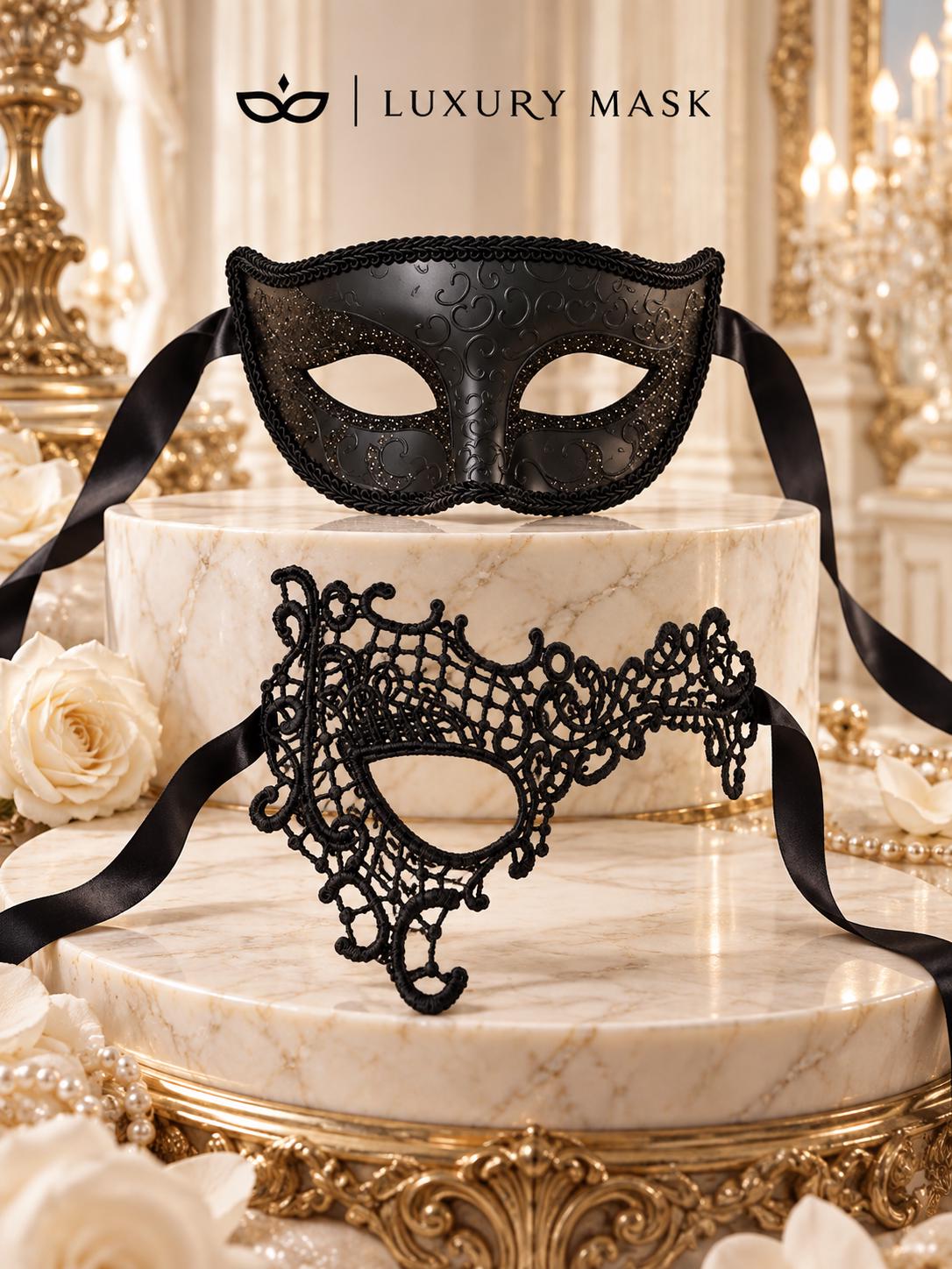 Black Phantom Lace Mask for Women with Black Glitter Venetian Mask for Men | Couples Masquerade Set - product image 6