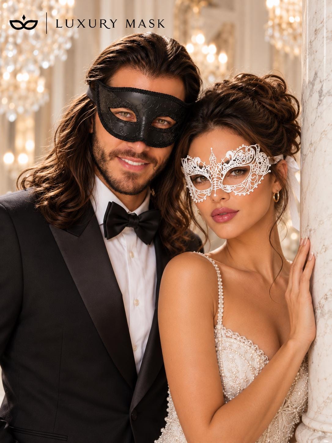 Black & White Masquerade Pair | Black Glitter Venetian Mask for Men with White Lace Mask for Women - product image 4