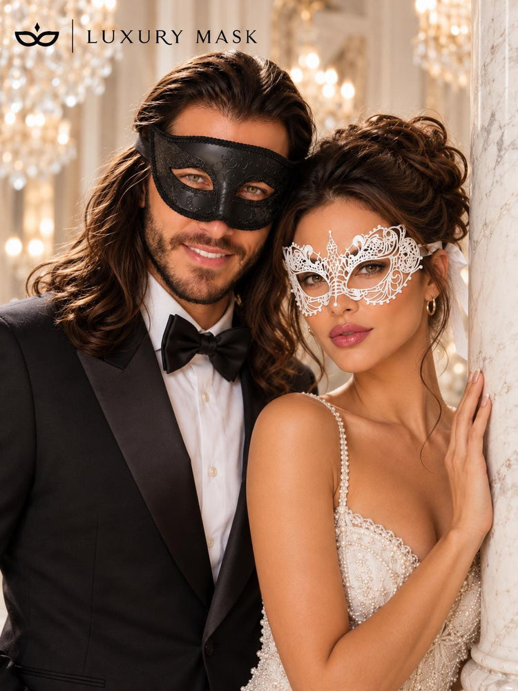 Black & White Masquerade Pair | Black Glitter Venetian Mask for Men with White Lace Mask for Women - product image 4