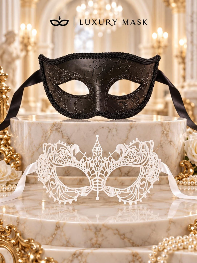 Black & White Masquerade Pair | Black Glitter Venetian Mask for Men with White Lace Mask for Women - product image 6