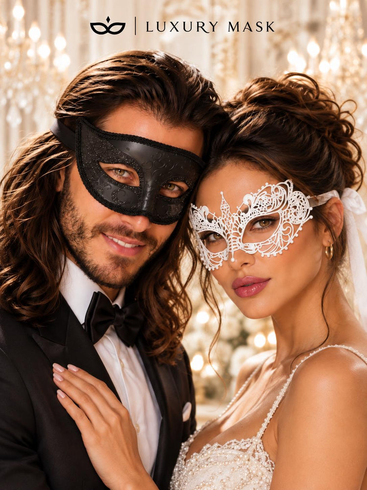 Black & White Masquerade Pair | Black Glitter Venetian Mask for Men with White Lace Mask for Women - product image 2