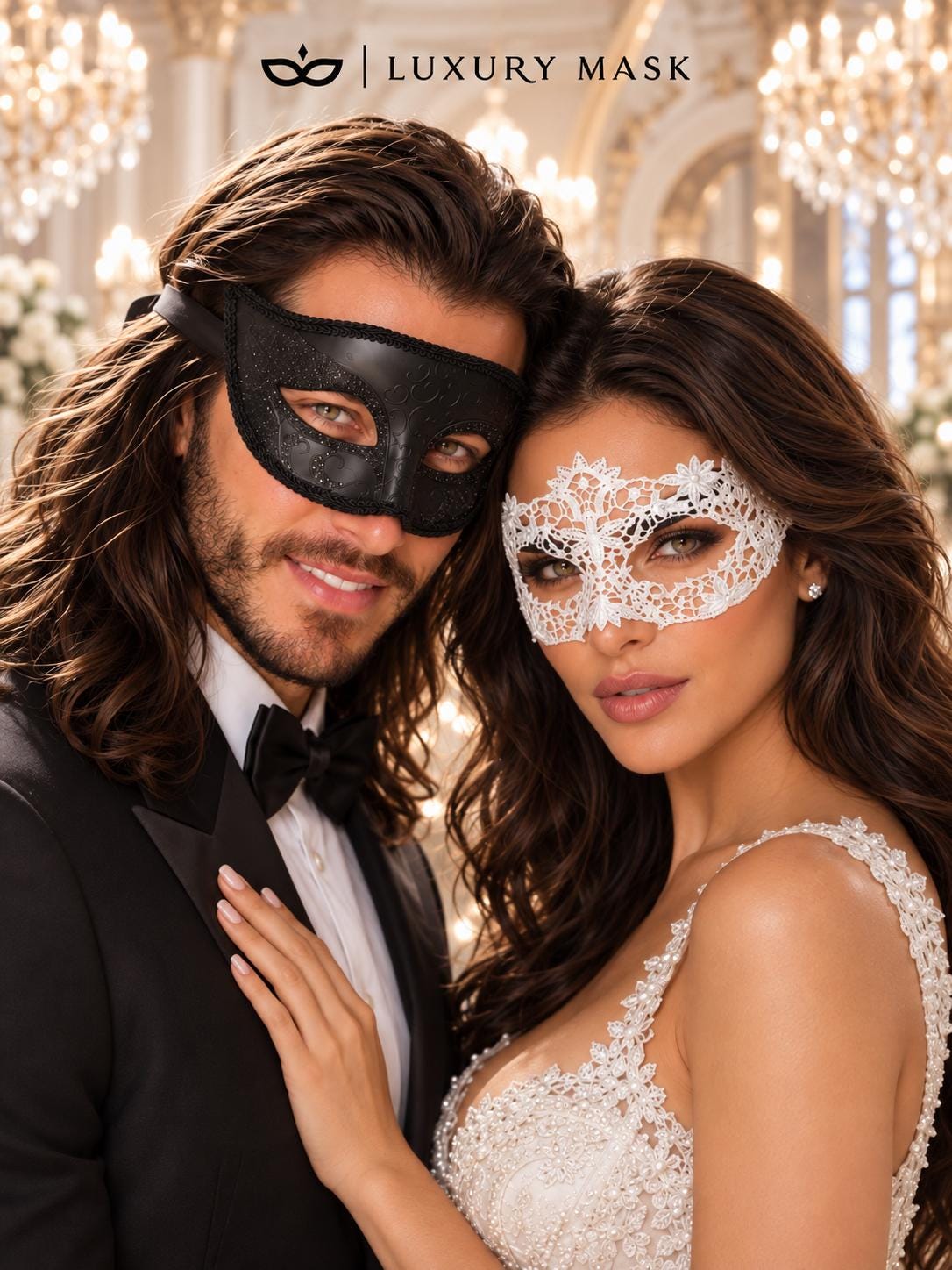 Black Glitter Venetian Mask for Men & White Flower Lace Mask for Women | Black White Couples Masquerade Set - product image 2