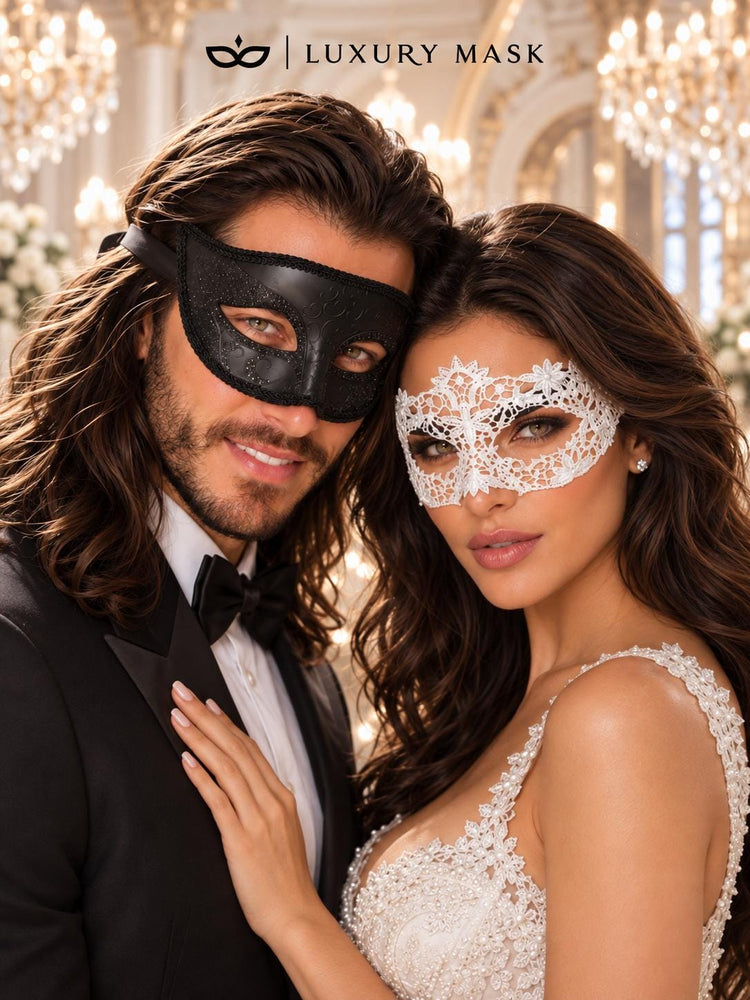 Black Glitter Venetian Mask for Men & White Flower Lace Mask for Women | Black White Couples Masquerade Set - product image 2