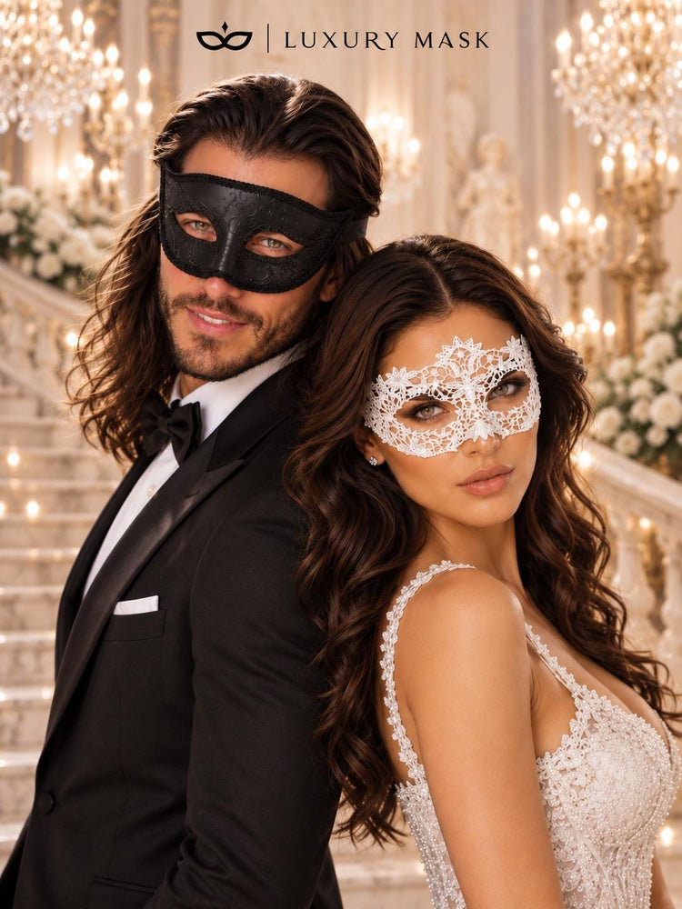 Black Glitter Venetian Mask for Men & White Flower Lace Mask for Women | Black White Couples Masquerade Set - product image 4