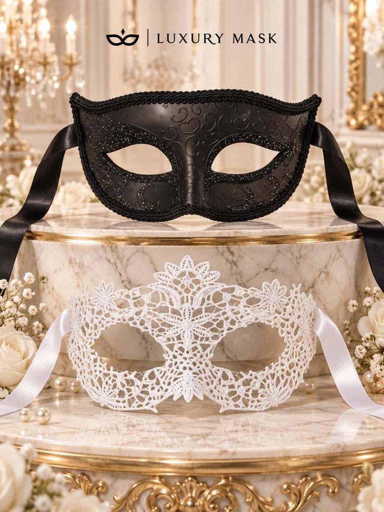 Black Glitter Venetian Mask for Men & White Flower Lace Mask for Women | Black White Couples Masquerade Set - product image 6