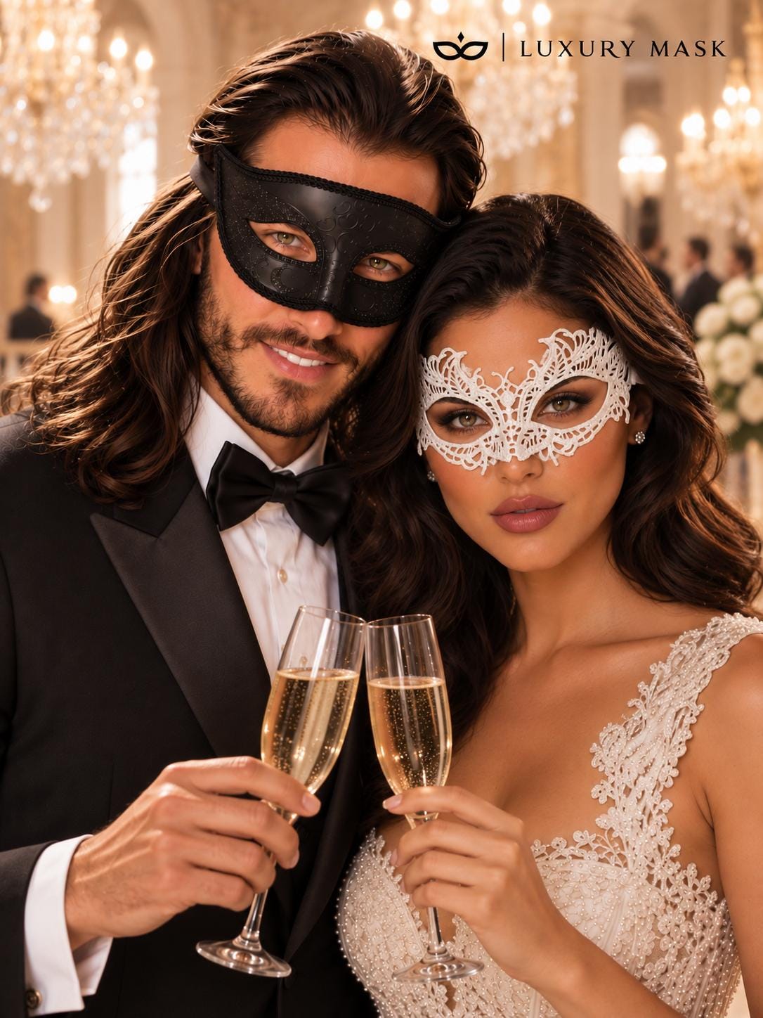 Black Glitter & White Lace Masquerade Masks | Venetian Men’s Mask with Elegant Women’s Lace Eye Mask - product image 3