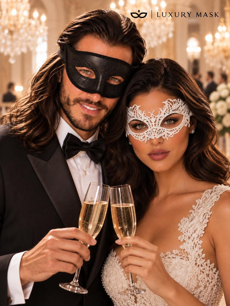 Black Glitter & White Lace Masquerade Masks | Venetian Men’s Mask with Elegant Women’s Lace Eye Mask - product image 3