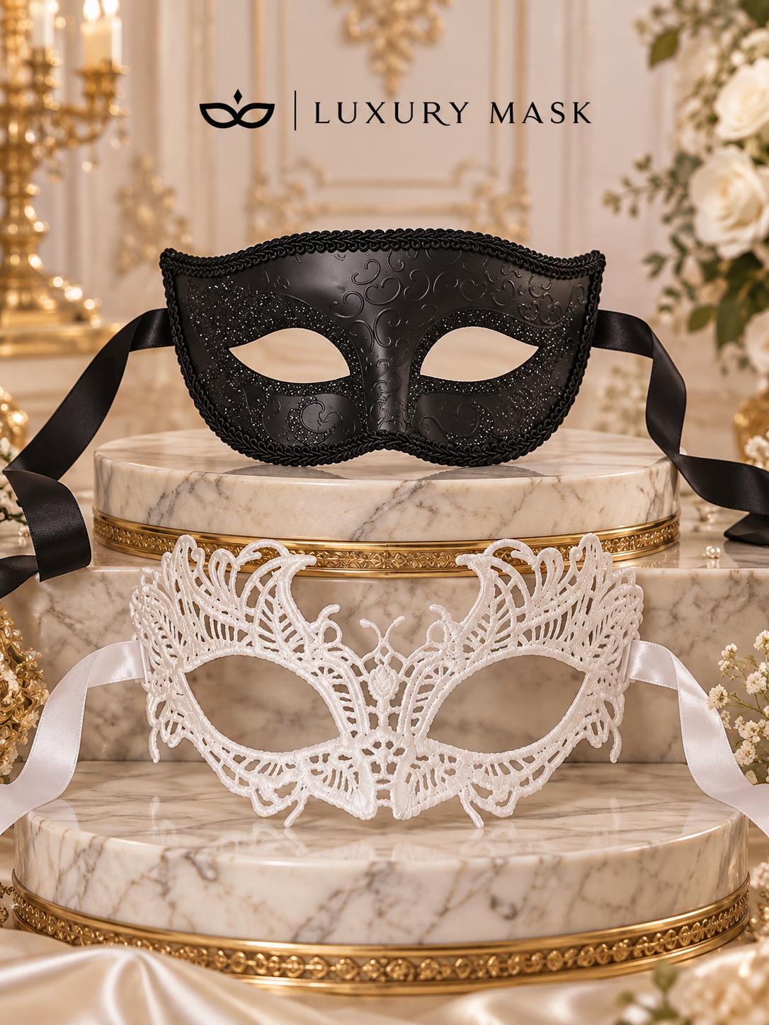 Black Glitter & White Lace Masquerade Masks | Venetian Men’s Mask with Elegant Women’s Lace Eye Mask - product image 6