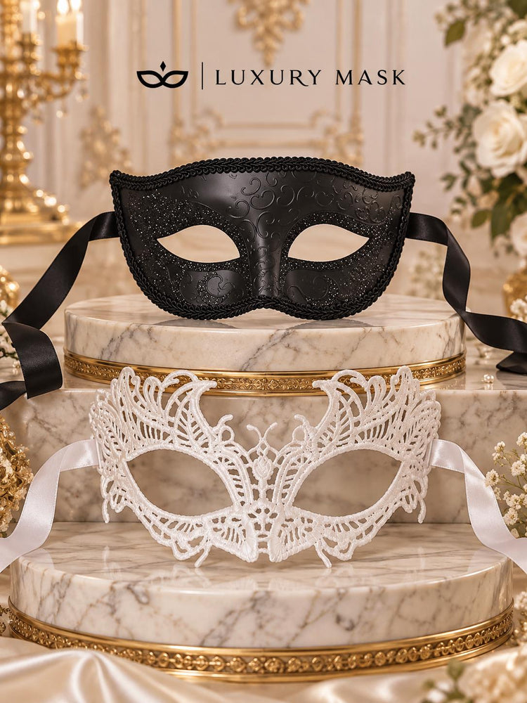 Black Glitter & White Lace Masquerade Masks | Venetian Men’s Mask with Elegant Women’s Lace Eye Mask - product image 6