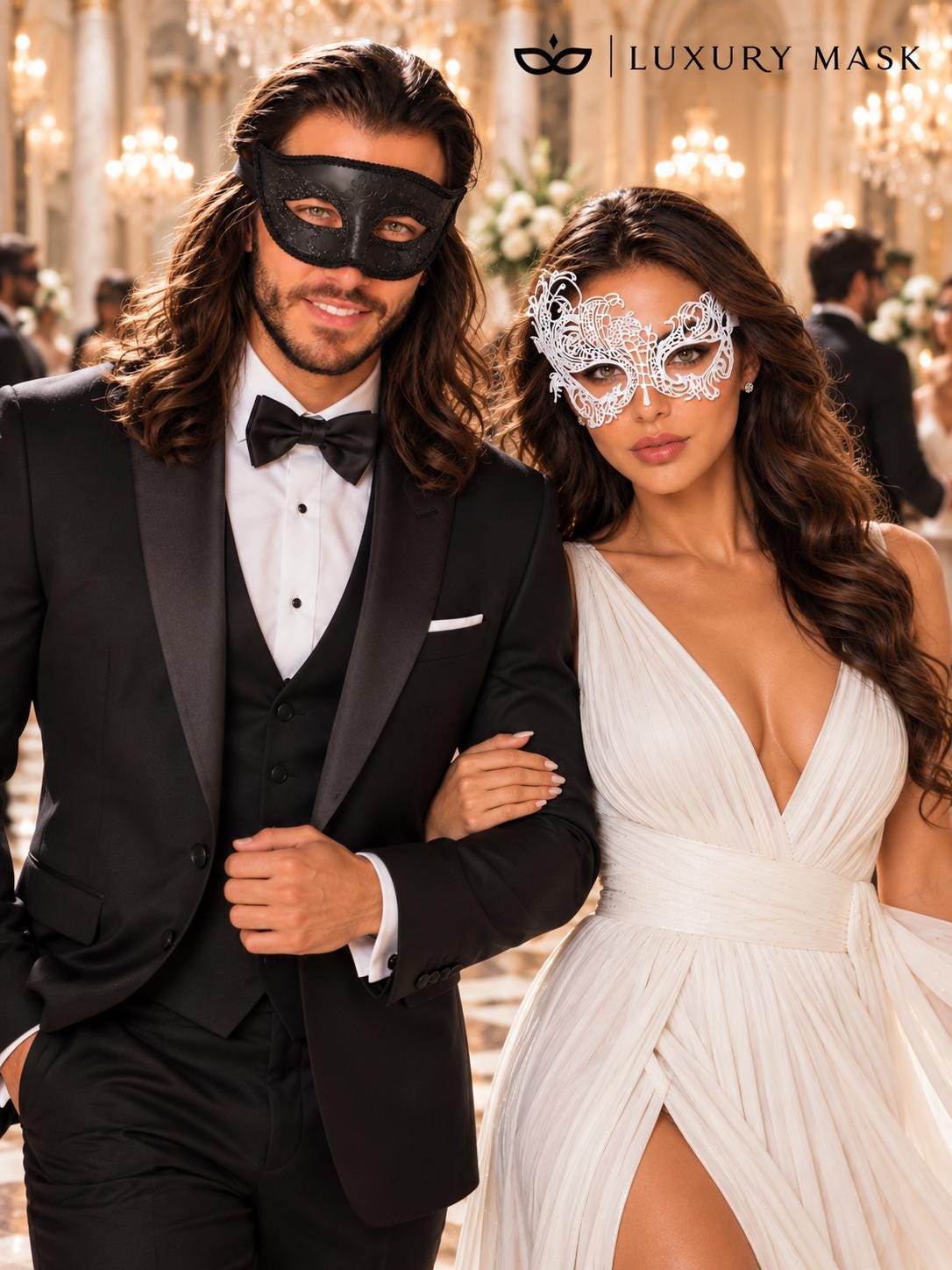 White Swan Lace Masquerade Mask for Women with Black Glitter Venetian Mask for Men | Elegant Couples Mask Set - product image 3