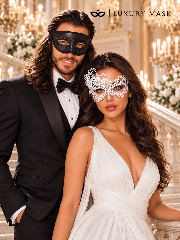 White Swan Lace Masquerade Mask for Women with Black Glitter Venetian Mask for Men | Elegant Couples Mask Set - product image 2