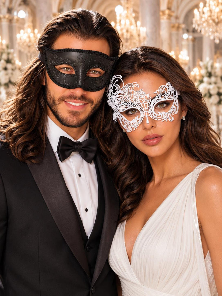 White Swan Lace Masquerade Mask for Women with Black Glitter Venetian Mask for Men | Elegant Couples Mask Set - product image 1