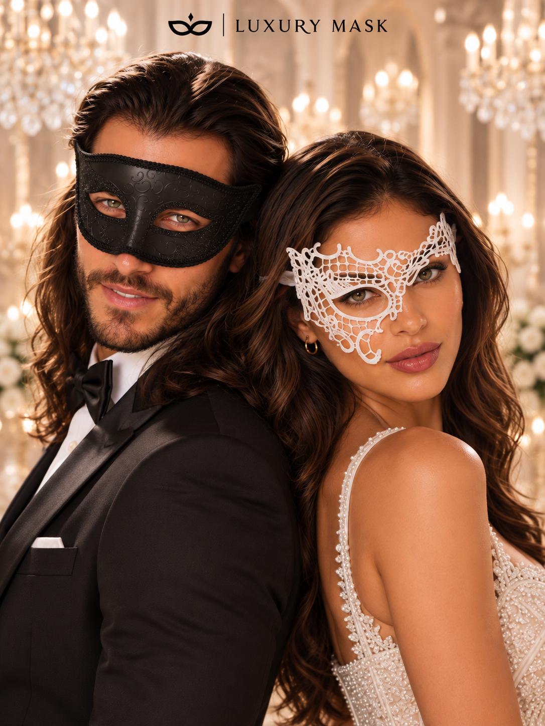 White Phantom Lace Mask for Women & Black Glitter Venetian Mask for Men | Black White Masquerade Couple Set - product image 3
