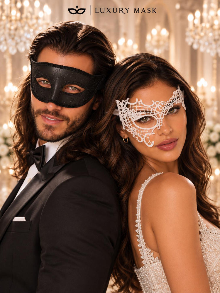 White Phantom Lace Mask for Women & Black Glitter Venetian Mask for Men | Black White Masquerade Couple Set - product image 3